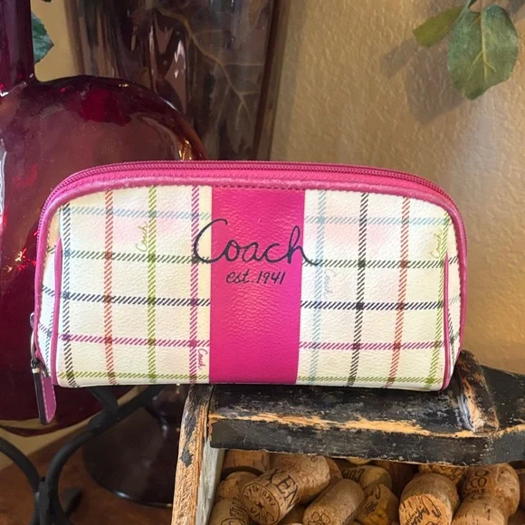 Coach Peyton Tattersall Coated Canvas and Leather Plaid Pink Stripe Cosmetic Bag - Picture 1 of 9